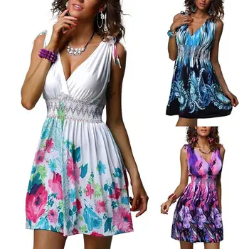 

New Summer Women Deep-V Backless Tight Waist Floral Print Sleeveless Short Dress