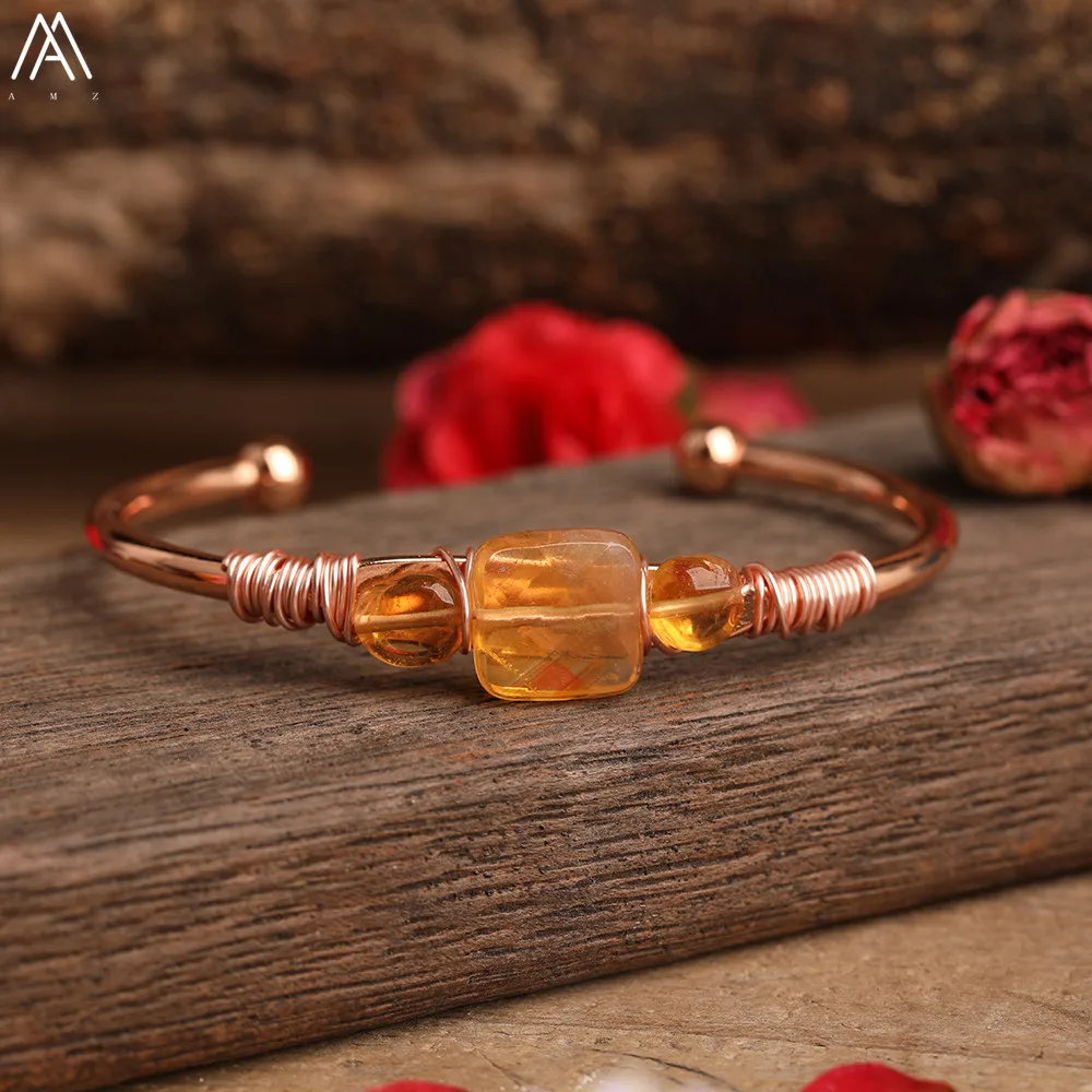 Natural Quartz Stone Beads Gold Bracelets Women Citrines Roses Quartz Chip Beads Open Cuff Bangles Bracelets Friendship Jewelry silver bangle bracelets