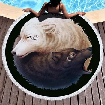 

Microfiber round Beach Towel Bath Towel Wolf Printed Webbing SU 150cm Adult Colorful Quicksand Pattern