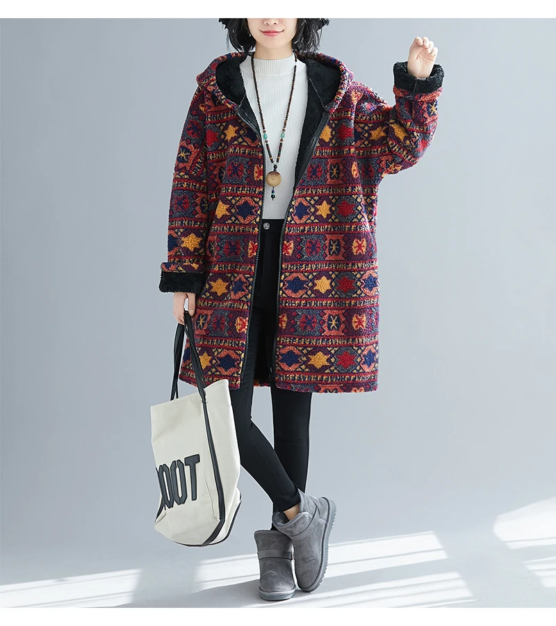 Осень-зима, длинная куртка с мишкой Тедди, пальто для женщин, Ретро стиль, камуфляж, этнический принт, больше размера, искусственная овечья шерсть, шубы размера плюс