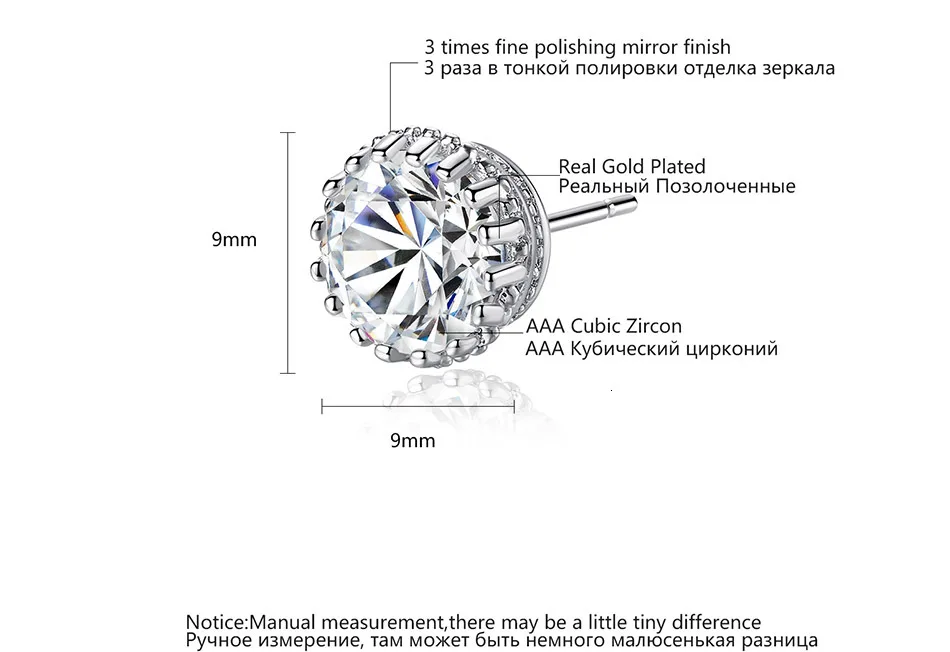 LUOTEEMI серьги-гвоздики с круглой короной для женщин, Роскошный топ, прозрачный Фианит, белое золото, свадебные серьги, ювелирное изделие