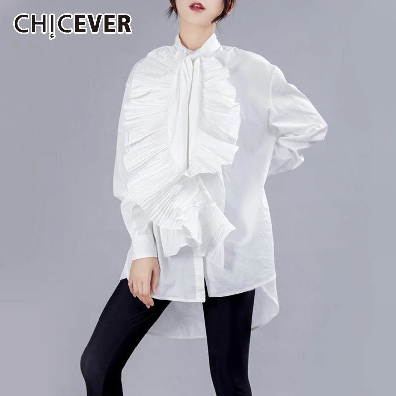 

CHICEVER Korean Womens Tops And Blouses Stand Collar Long Sleeve Ruffles Patchwork Loose Big Size Asymmetrical Shirt Female New