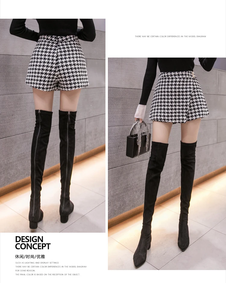 2023 Spring Winter Woolen Houndstooth Shorts Women Buttons High Waist Irregular Skirts Shorts Warm Thicken Short Pants
