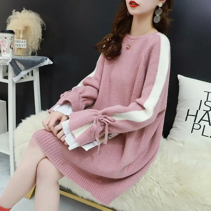 Комплекты со свободным свитером; коллекция года; Длинная Корейская версия очень красивых вязанных осенне-зимние модели с рукавами в виде листьев лотоса