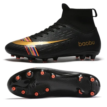 

Black Men Soccer Shoes Kids Cleats Training Football Boots Long nail High Ankle Men Outdoor Sport SneakersSize 35-45