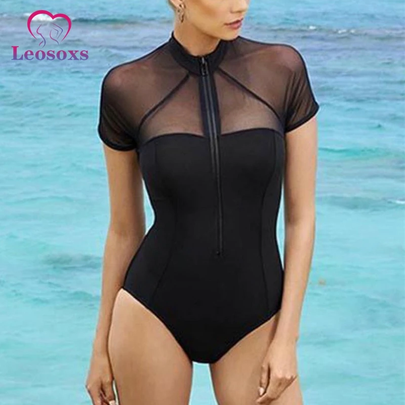 Женский сетчатый купальник с коротким рукавом на молнии открытой спиной боди пуш