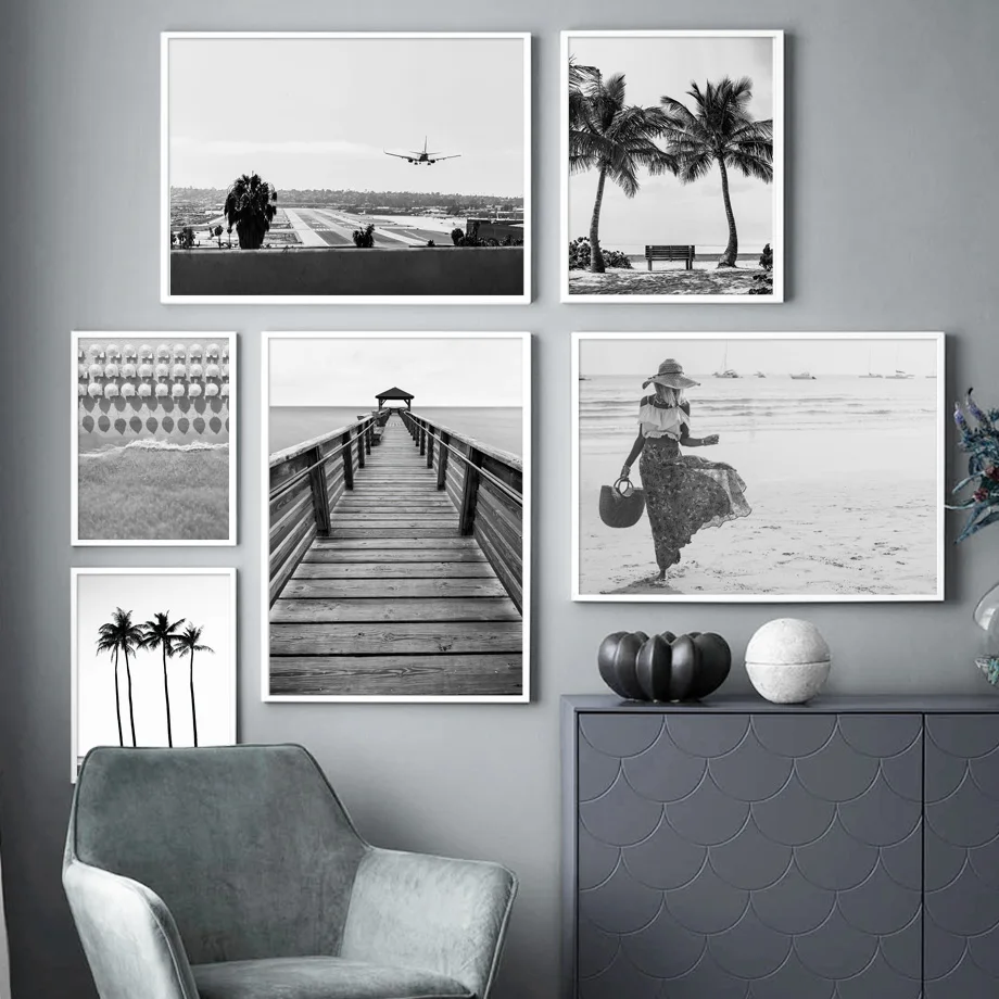 

Black White Palm Tree Bridge Beach Girl Wall Art Canvas Painting Nordic Posters And Prints Wall Pictures For Living Room Decor