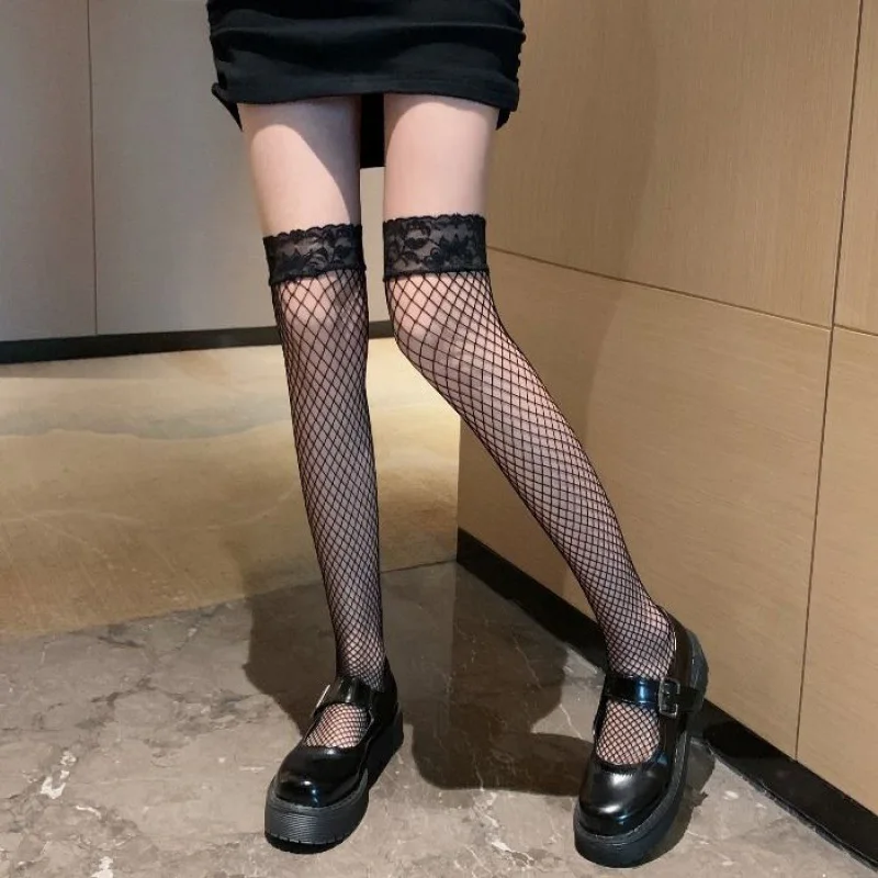 

Женские кружевные ажурные нейлоновые чулки, милые универсальные гольфы в сетку Kawaii Harajuku носки до бедер для Лолиты, лето