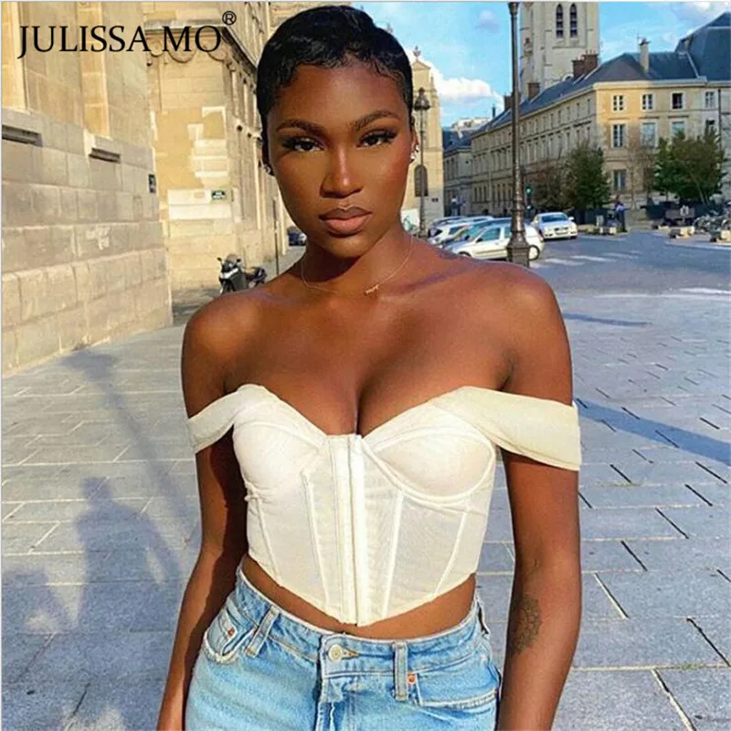 JULISSA MO сексуальный сетчатый топ с открытыми плечами женский розовый укороченный