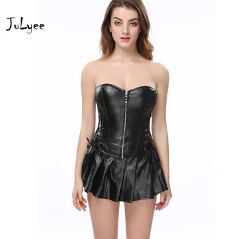 

JULYEE Women Shapers Sets Strapless Push up Patchwork Zipper Leather Hollow Out High Waist Sexy Shapewear Set Plus Size