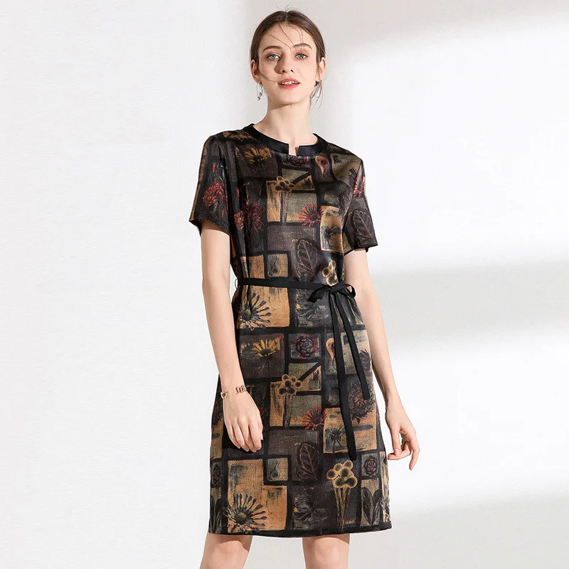 

coffee block retro floral silk dresses women 2020 summer brand long casual sexy office work boho dress plus size dropship
