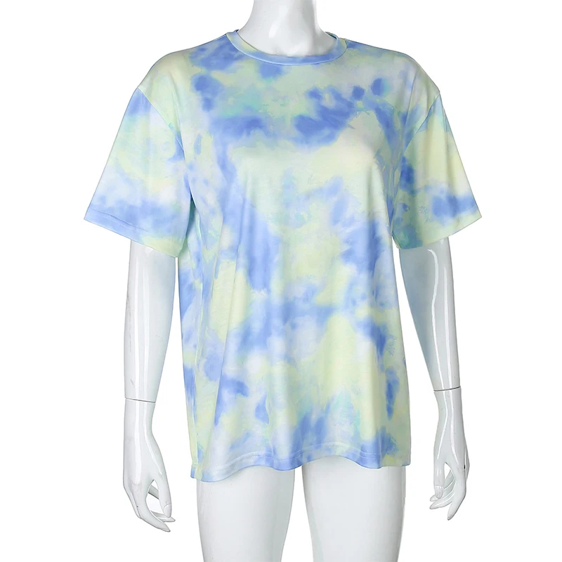 Tie Dye Oversized Long Shirts Women Short Sleeve Casual Tops Plus Size Summer Round Neck Fashion Female Tops T Shirt