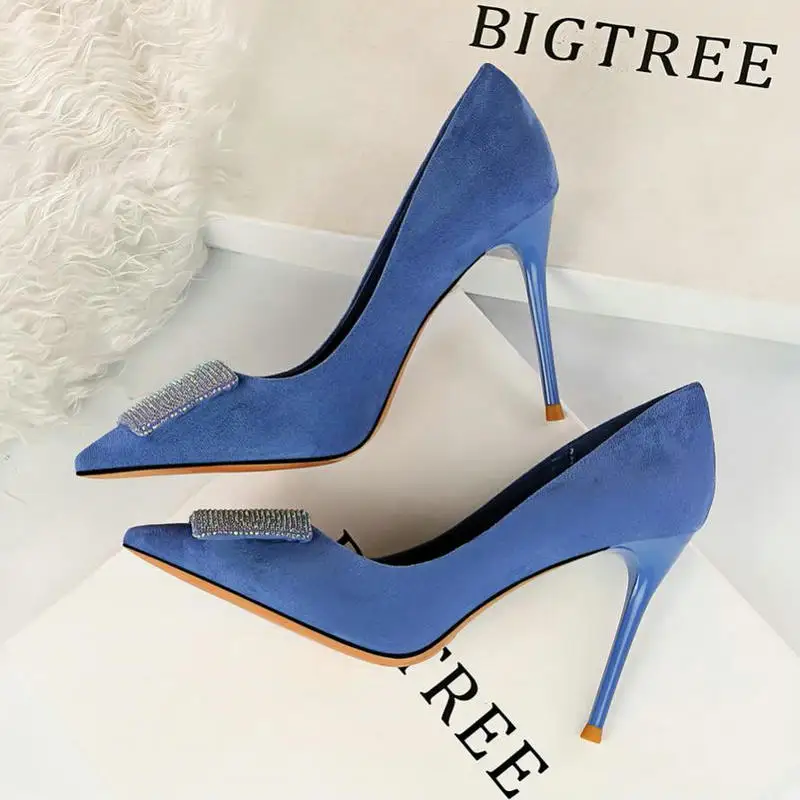 Blue BIGTREE/ г., женские туфли-лодочки из флока на высоком каблуке, с кристаллами, в сдержанном стиле, в деловом стиле красивые женские модельные туфли на шпильке - Цвет: Blue