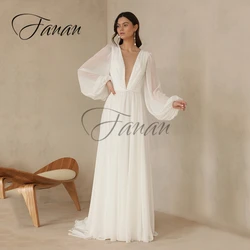 Simple Deep V-Neck Chiffon Wedding Dresses Backless See-Through A-Line Boho Long Sleeve Bridal Gown robe de mariée vestidos