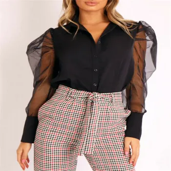 

Free shipping Women clothes Sexy Mesh Long Puff Sleeve Button Blouse Sheer Slim Fit Casual polyester shirts one pieces