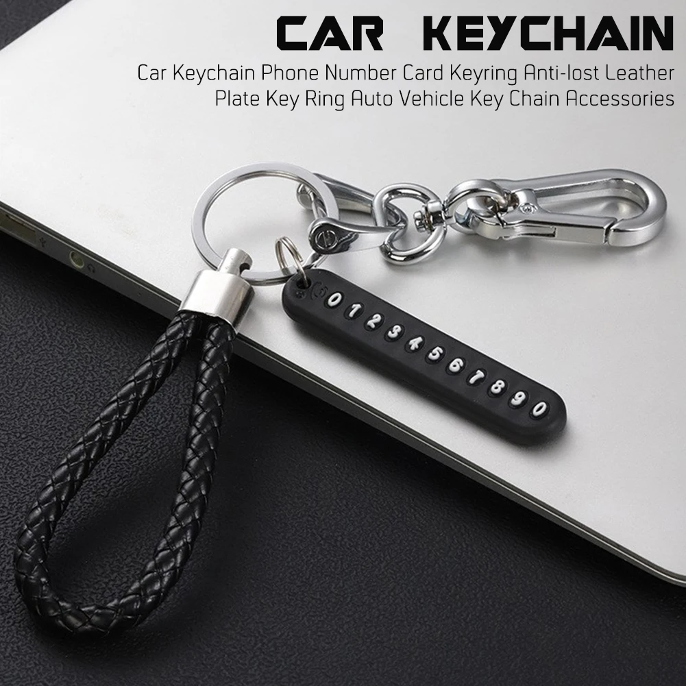 Anti lost Car Keychain Phone Number Card Keyring Leather Bradied Phone