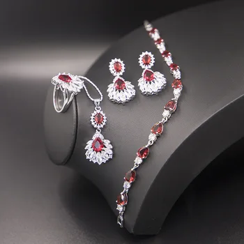

GZJY Women Red Crystal Jewelry Sets 925 Silver Heart Wedding Ring White CZ Earrings Necklace Pendant Bracelet Jewelry Gift