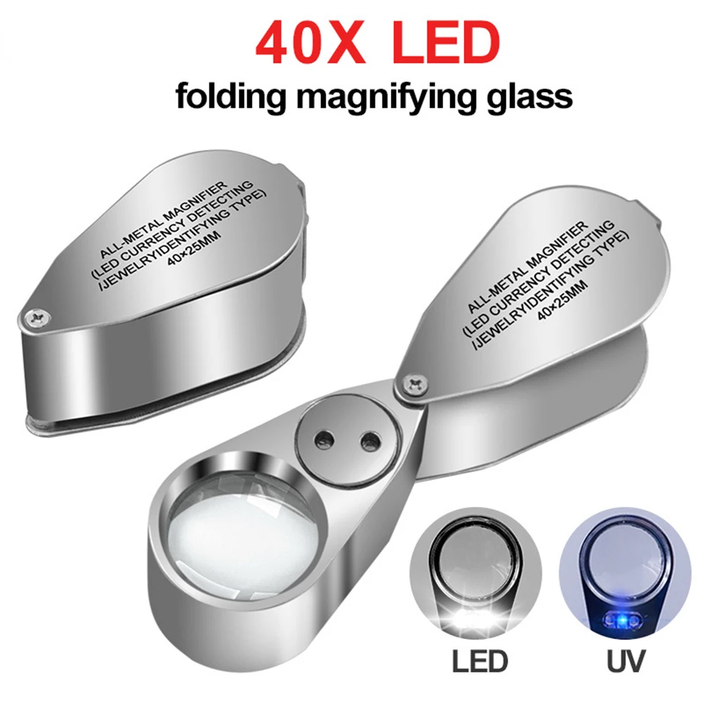 40X Metal Illuminated Jewelry Loop Magnifier, Magnifying Glass with LED  Light Pocket Folding Jewelers Loupe for Currency Detecting Jewlers  Identifying