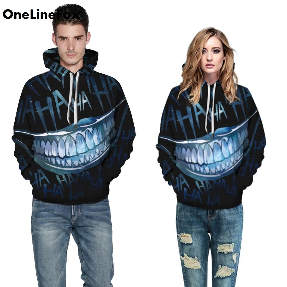 

OneLineFox Cool HAHA Joker Hoodies Sweatshirts Halloween Crazy Funny 3D Print Pullover Clown Hooded Tracksuits Streetwear Coat