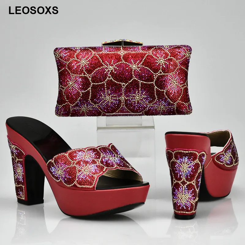 

Latest Design Red Color Matching Women Shoes and Bag Set Decorated with Rhinestone African Shoe and Bag Set for Party In Women