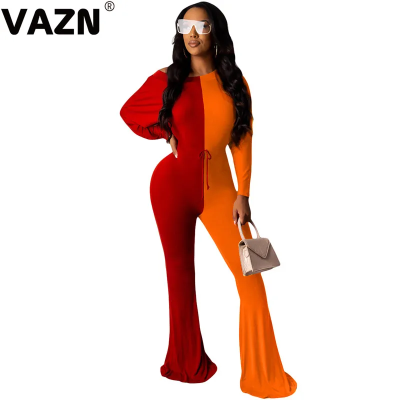 VAZN, для молодых девушек, модный, пэчворк, o-образный вырез, бандаж, женский комбинезон, длинный рукав, длинные штаны, комбинезоны, сексуальные Клубные Комбинезоны - Цвет: Оранжевый