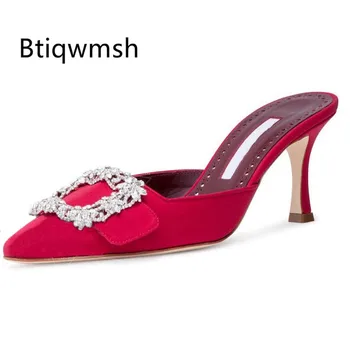 

Newest Luxury Satin Mule Shoes Woman Pointed Toe Rhinestone Diamond High Heel Shoes Lady Sexy Gladiator Sandals