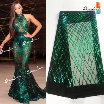 

2020 High Quality African Green Sequins Mesh Lace Fabric Sequined Embroidered Tulle Lace For Indian Nigerian Prom Party Fabric