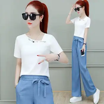 

Letter Print Tracksuits Women Two Piece Set Summer Short-sleeve t-shirt Tops and widw-legs pants Set Suits Casual 2pcs Outfits