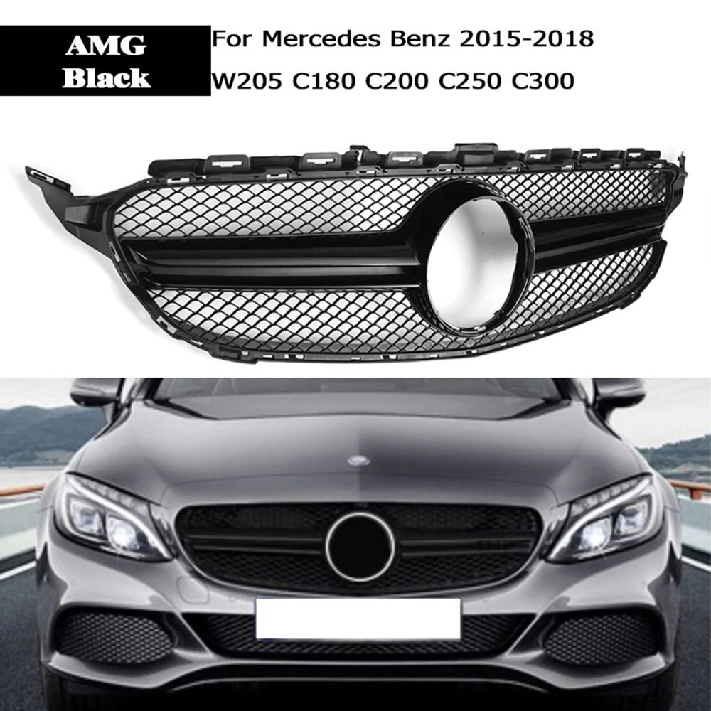 YuBao 1Pcs For Mercedes Benz C-Class W205 C180 C200 C250 C300 15-18 Front Grille AMG Silver Black