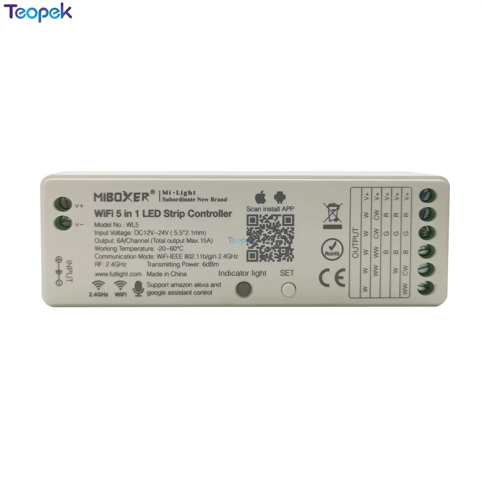 Miboxer WL5 5 в 1 WiFi светодиодный контроллер 2,4G 15A для одноцветных CCT RGB RGBW RGB+ CCT светодиодный полосы, поддержка Amazon Alexa Google