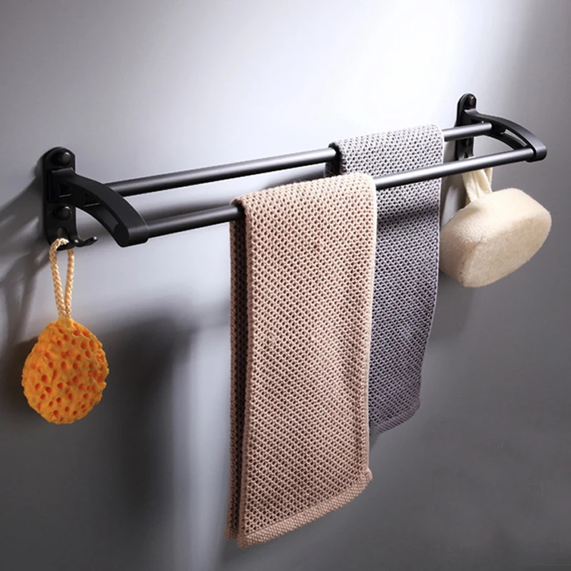 Bathroom Black Towel Rack Wall Mount Black Finish Space Aluminum Double Towel Bar with Hook Double Bar Shower Accessories Promot