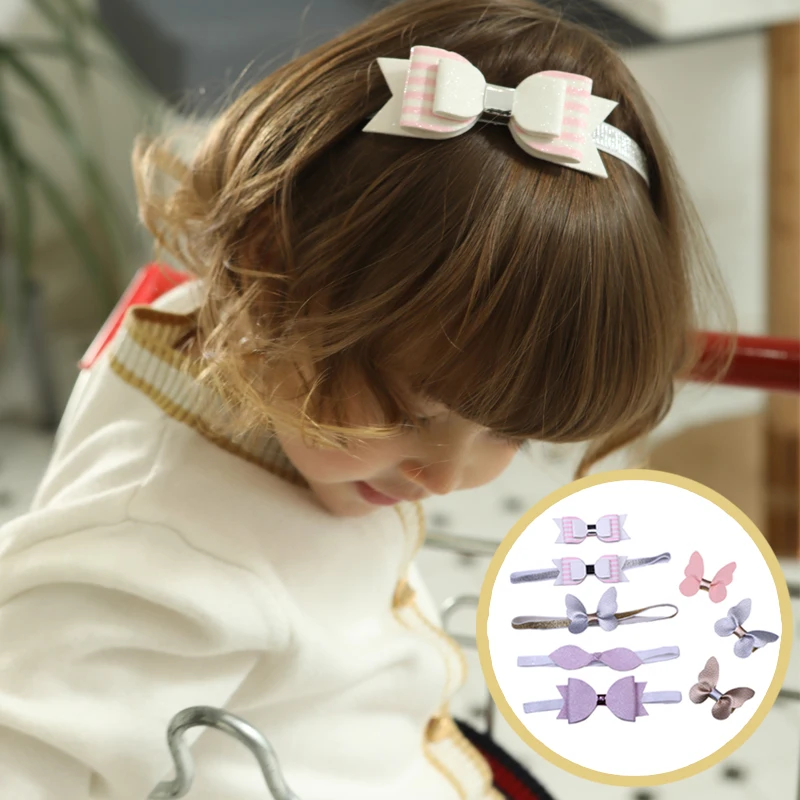 

MeryYuer Newest Leather Butterfly Kids Headband Hairpins Pink Golden Bow Hair Clips Elastic Girls Head Bandage Headwear
