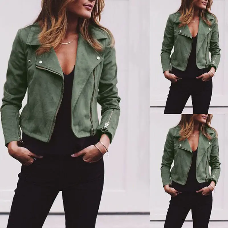 Best  Coat women Ladies Suede Leather Jackets Zip Up Biker Female Casual Coats Woman Flight Coat