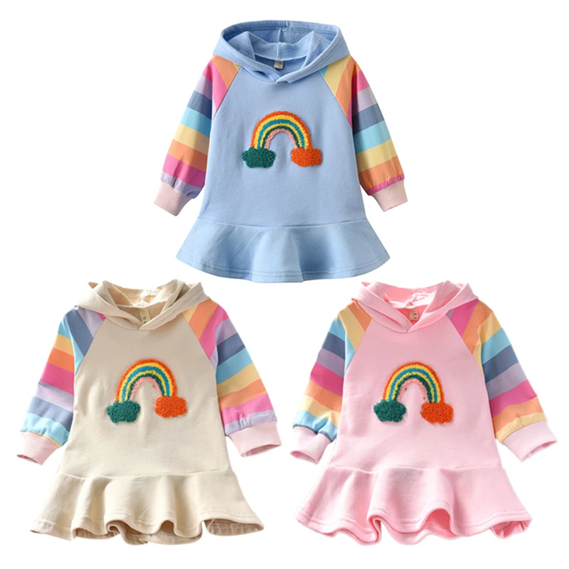Cute Hot Baby Girl Spring And Autumn Long Sleeve Cotton Rainbow Embroidered Pattern Hoodie Sweatshirt Casual Loose Dresses s | Детская