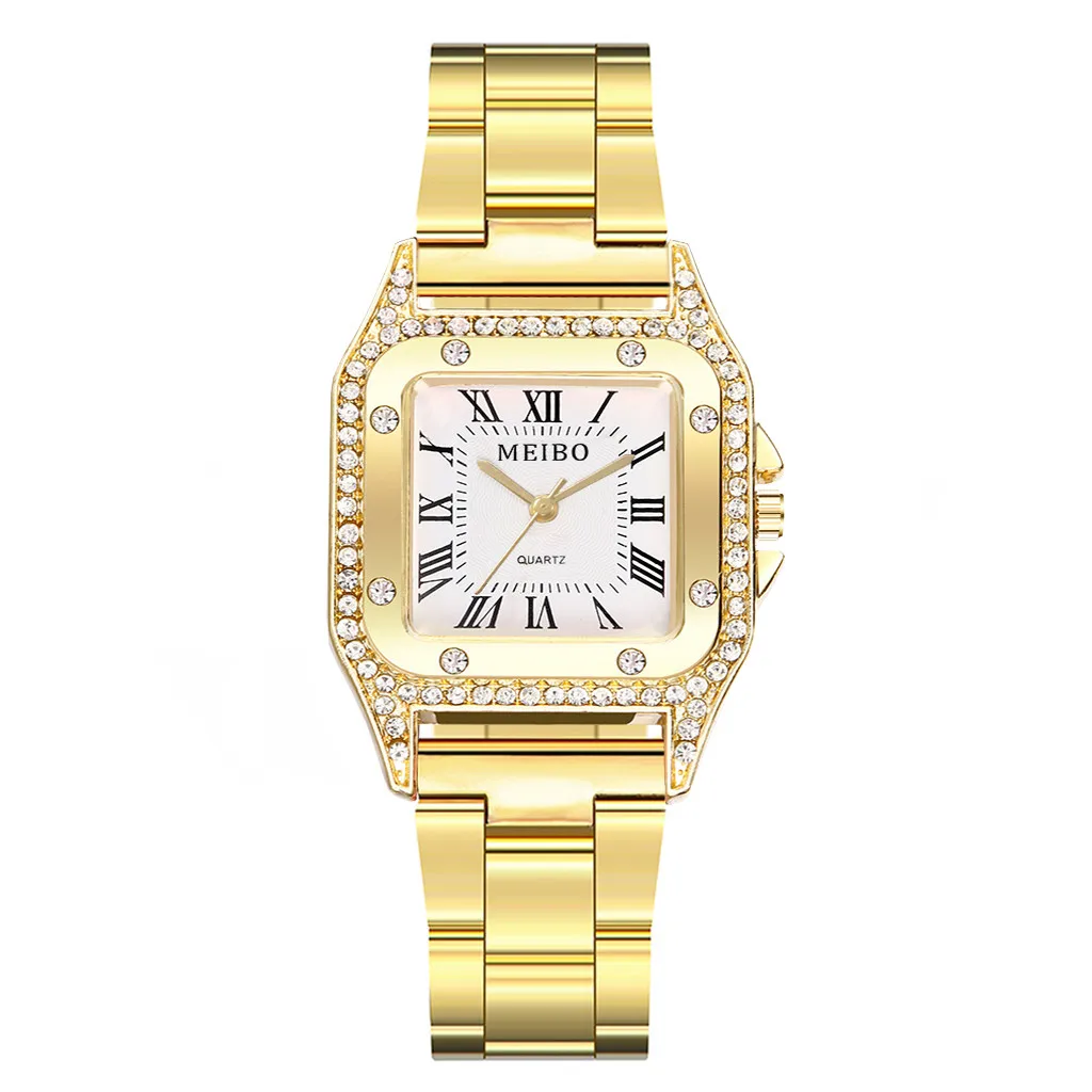 Модные женские кварцевые часы, роскошные часы с кристаллами и квадратным циферблатом, стальные женские наручные часы, ювелирные изделия, подарок на День Благодарения - Цвет: Gold