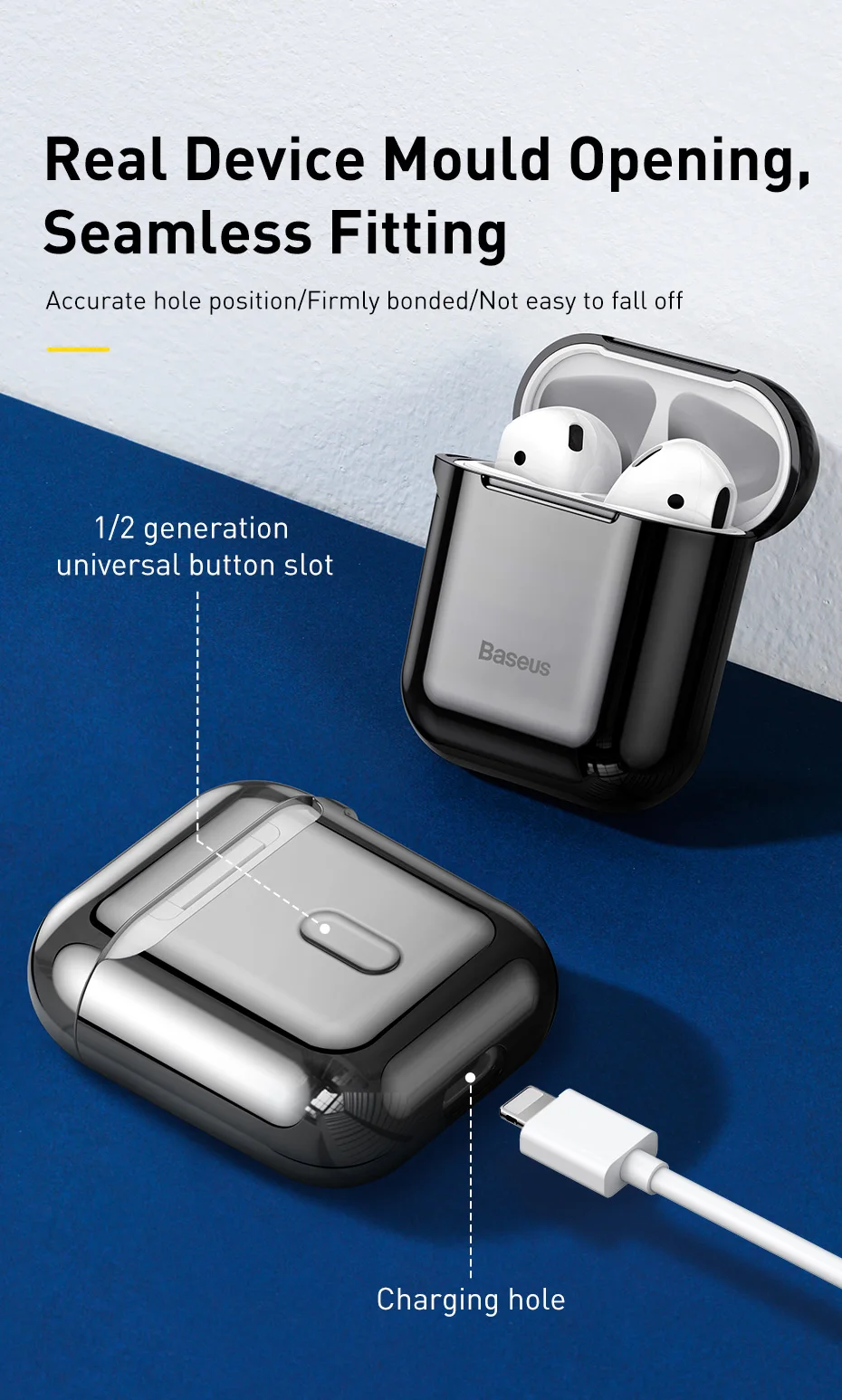 Baseus Glossy Shining Plating Case for AirPods 2 1 Portable Earphone Protect Case for air pods 2019 with Anti-lost Sport Hook