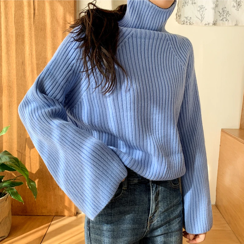 BGTEEVER, свободный свитер с воротником-хомутом в Вертикальную Полоску для женщин, вязаные Джемперы,, зимние толстые женские вязаные пуловеры - Цвет: sky blue