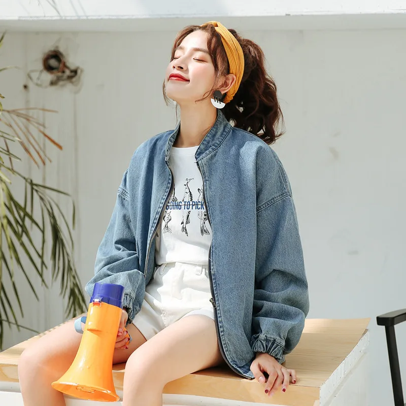 

WOMEN'S Dress Autumn 2018 New Style Retro Hong Kong Style CHIC Jeans Coat Versatile Lantern Sleeve Small Stand Collar Baseball