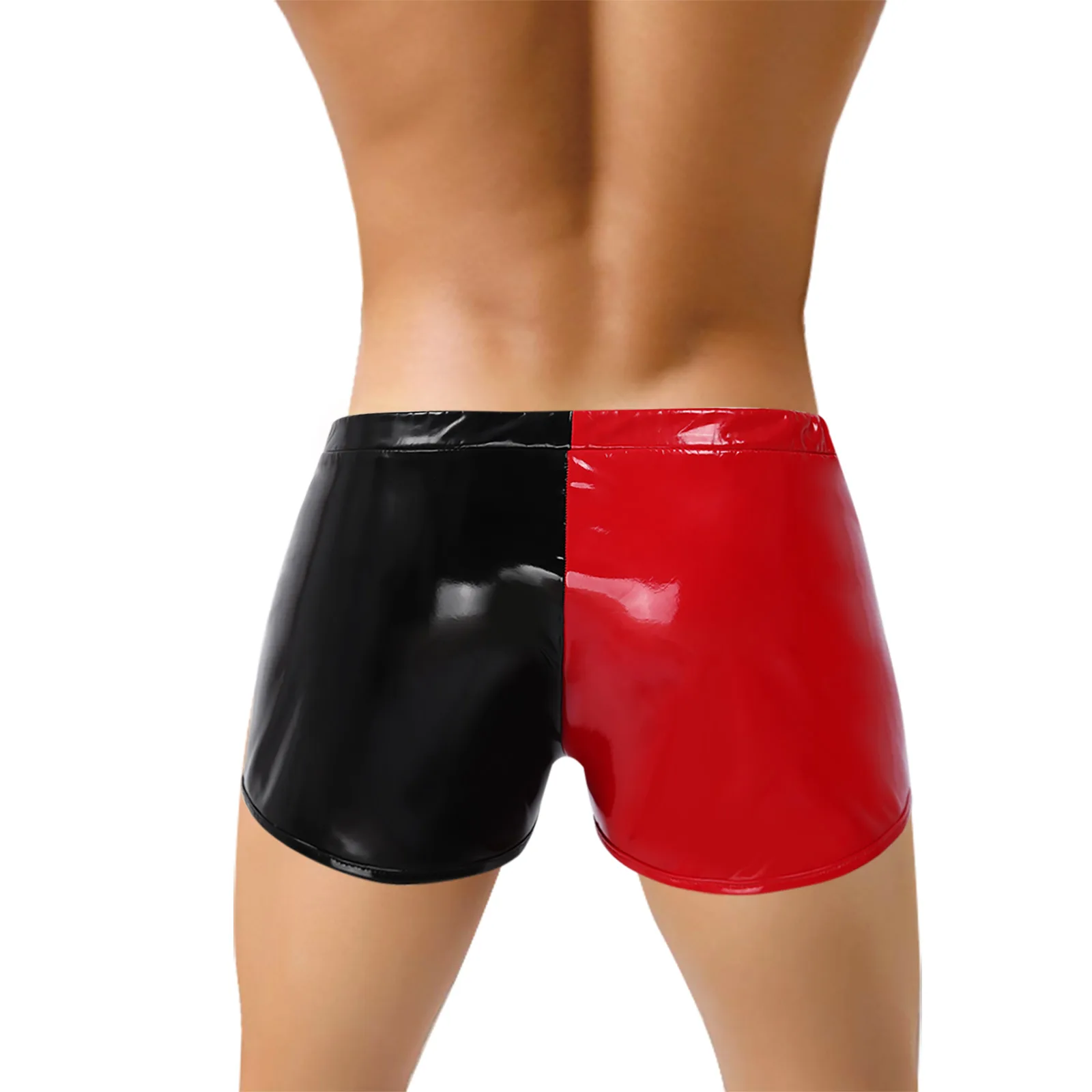 Men Panties Color Block Shiny Wet Look Patent Leather Boxer Briefs Pole Dancing Costume Zipper Sexy Bulge Pouch Shorts Swimsuit
