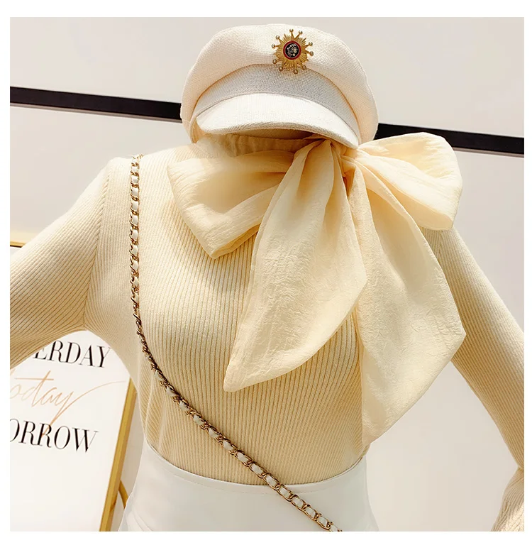 Осенне-зимний свитер с объемным галстуком-бабочкой в стиле ретро, пуловеры с расклешенными рукавами, приталенная трикотажная рубашка, топы с длинными рукавами, Blusas Mujer