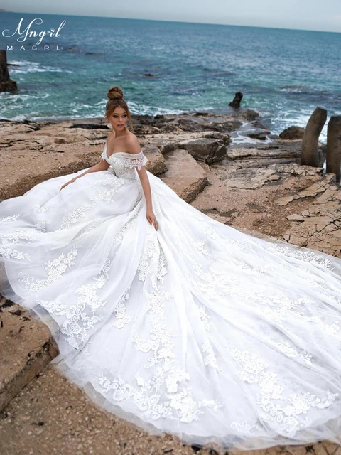 $US $109.09 MNGRL White Wedding Gown Lace Ball Gown Train Off Shoulder Bridal Dresses Back Zipper Plus Size Custom Made