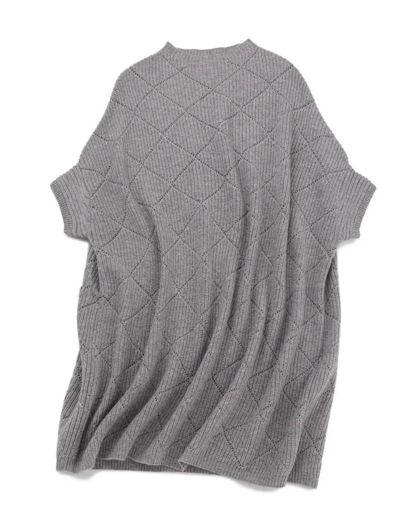 pure goat cashmere knit argyle plaid hollow out women long pullover sweater batwing short sleeve Oneck one&over size