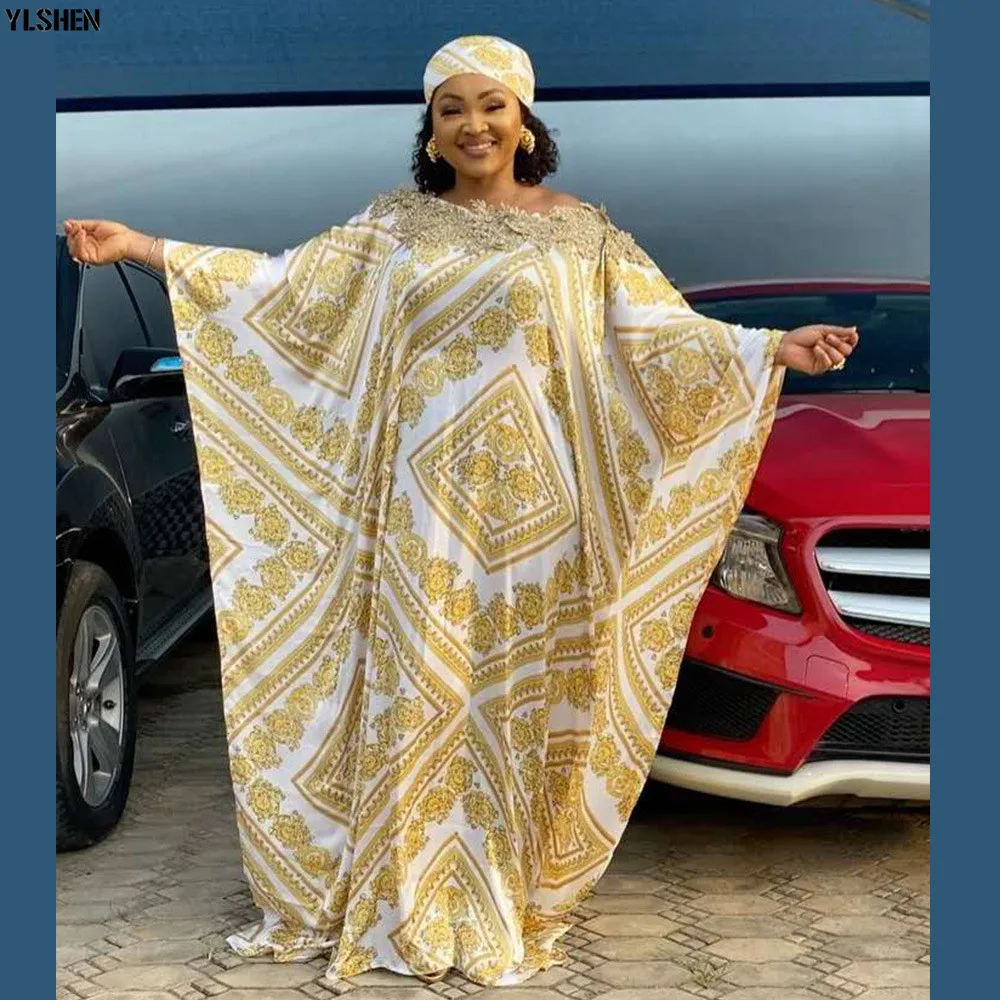 Plus Size African Maxi Dress Women Clothes Summer Dashiki Silk Print Sloping Shoulder Robe Boubou Africaine 01
