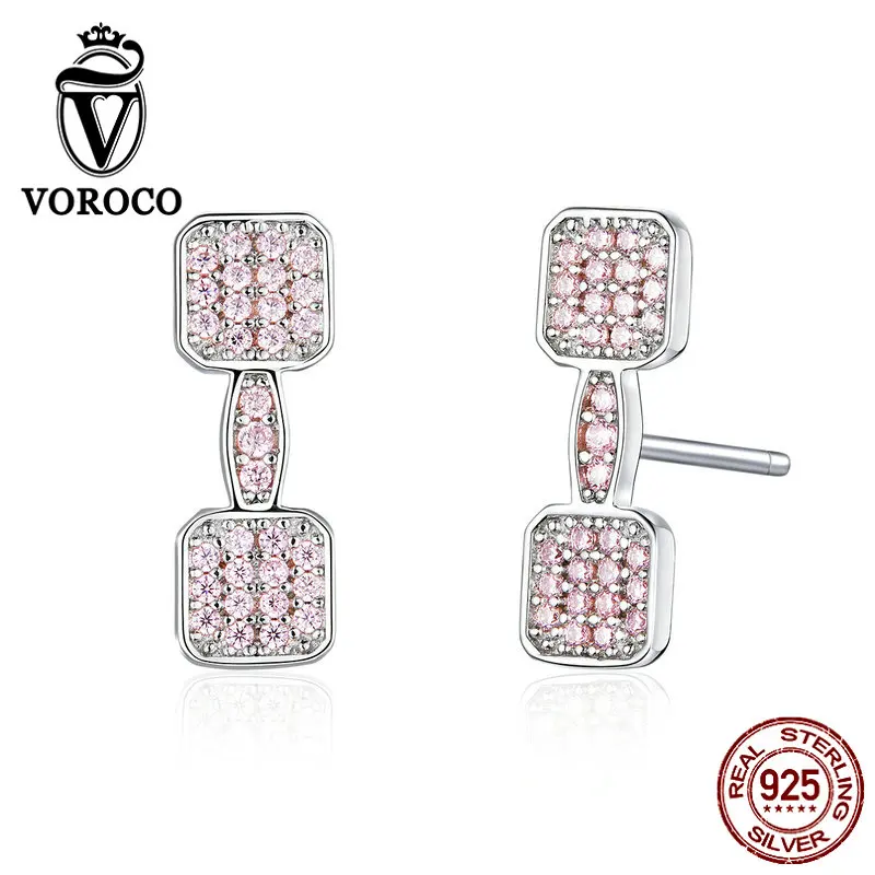 

VOROCO 925 Sterling Silver Sparkling Pink Dumbbells Stud Earring Women High Quality Cubic Zirconia Stone Fine Jewelry BKE762