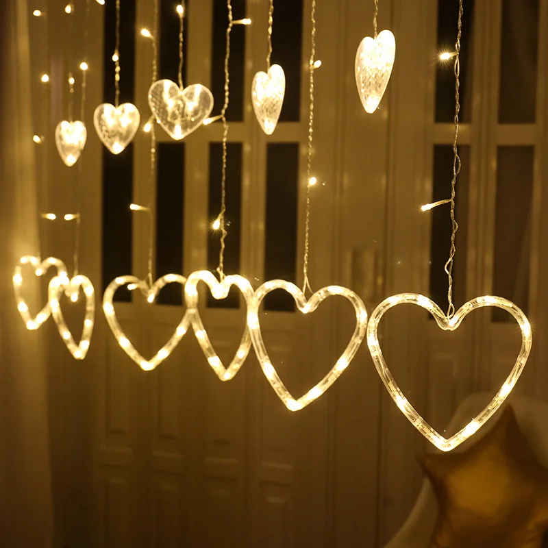 

Heart Shape Lighting Chain LED Heart Curtain Modeling Lamp Warm Bedroom Wedding Holiday Romantic Confession Creative Decorative
