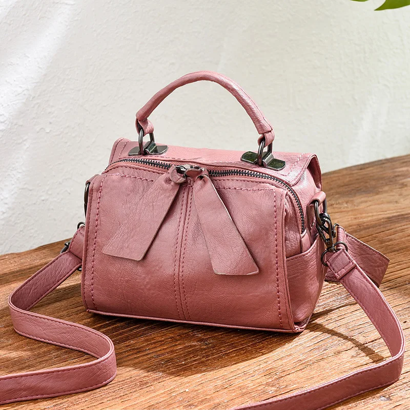 BRIGGS Vintage Women Handbag Quality Soft PU Leather Solid Top-Handle Bag Female Shoulder Bags Causal Small Lady's Totes bolso - Цвет: pink