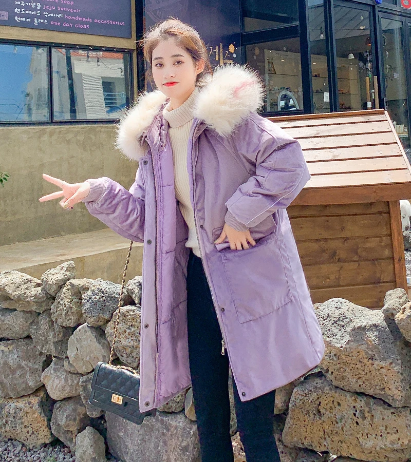 Высокое качество женская зимняя куртка бархатная ткань теплый воротник из густого меха Женское пальто Длинная стеганая парка Mujer Invierno