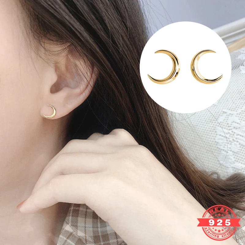 

925 Sterling Silver Plated 14K Gold Delicate Crescent Girl Stud Earrings Light Luxury Ladies Valentine's Day Gift Jewelry RD015