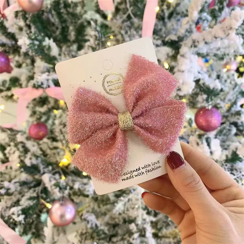pink 10 шт./лот, новые модные милые блестящие заколки с бантом, милые однотонные заколки с бантом, заколки для волос, рождественские аксессуары для волос - Цвет: pink