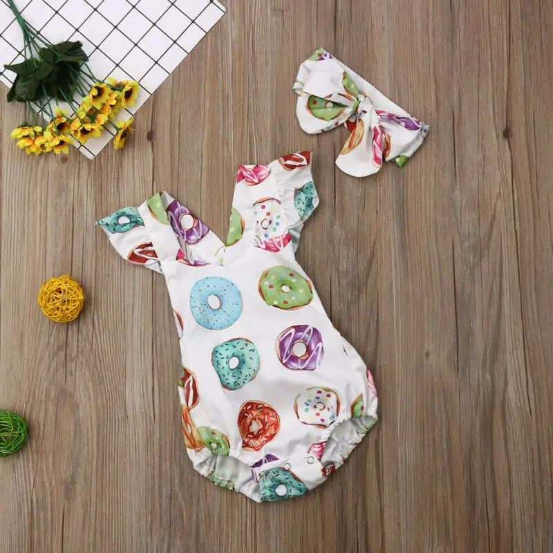Newborn Baby Girl Cotton Donuts Jumpsuit Headband Outfits Set Clothes Cute Newborn Kid Baby Girl Donuts Fly Sleeve Romper